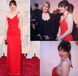 Dakota Johnson in abito rosso YSL con Melanie Griffith agli Oscar 2015